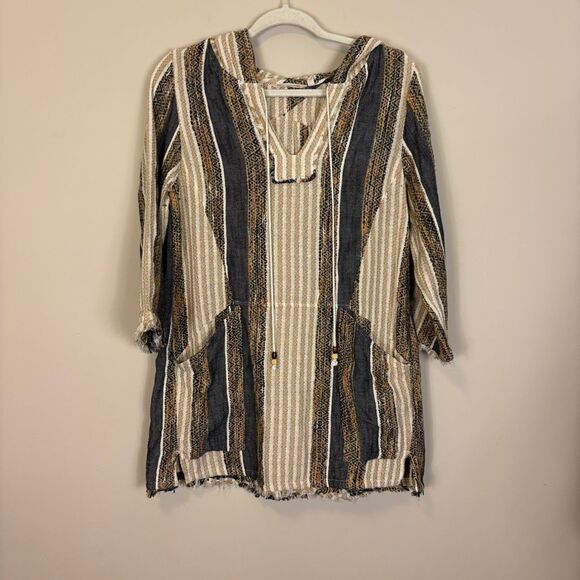 Soft Surrondings Brown & White Striped Hooded 3/4 Length Sleeve Pullover Top Sma - Picture 1 of 8